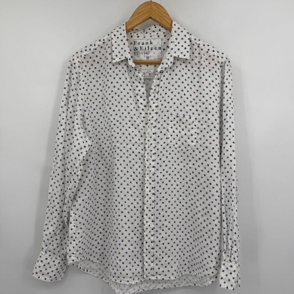 Frank & Eileen Eileen 100% Italian Linen Star Print Button Front Shirt White Blu